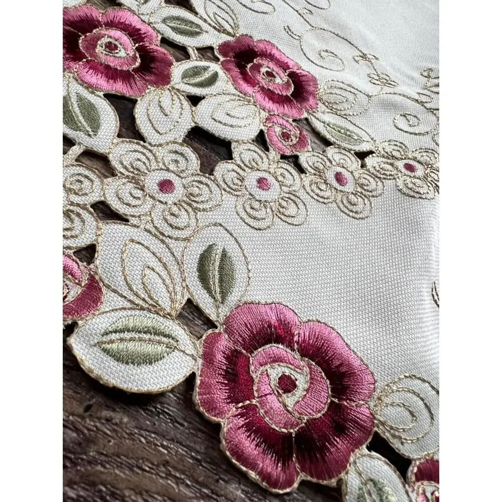 Embroidered Pink Rose Table Topper, Cutwork Floral Linen, Cottagecore